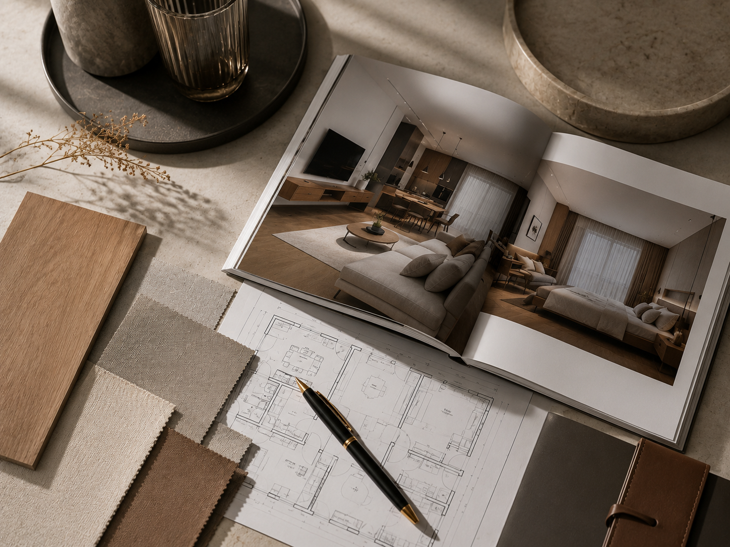 Interior design moodboard with fabric and wood samples on a marble desk