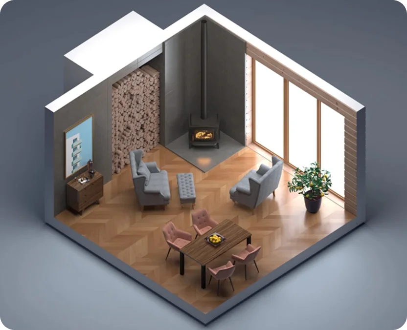 Modern living room with fireplace and stylish furniture